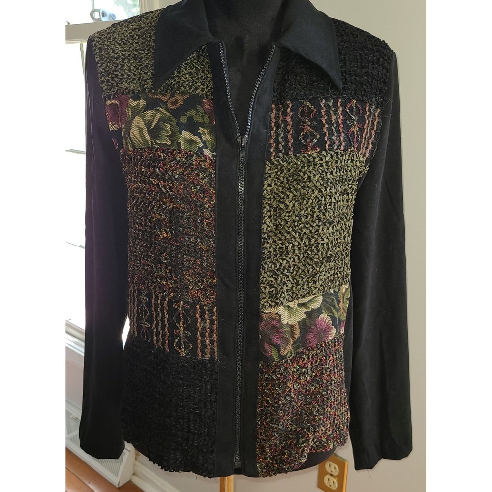 VTG Y2K  Blazer Med Patchwork‎ Chenille Front Buttons Velvet Whimsigoth Dk Fairy